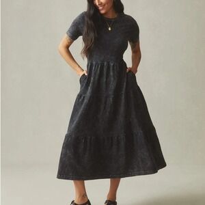 Womens Black Acid Wash Tiered Midi Dress Short Sleeve Pockets Size M